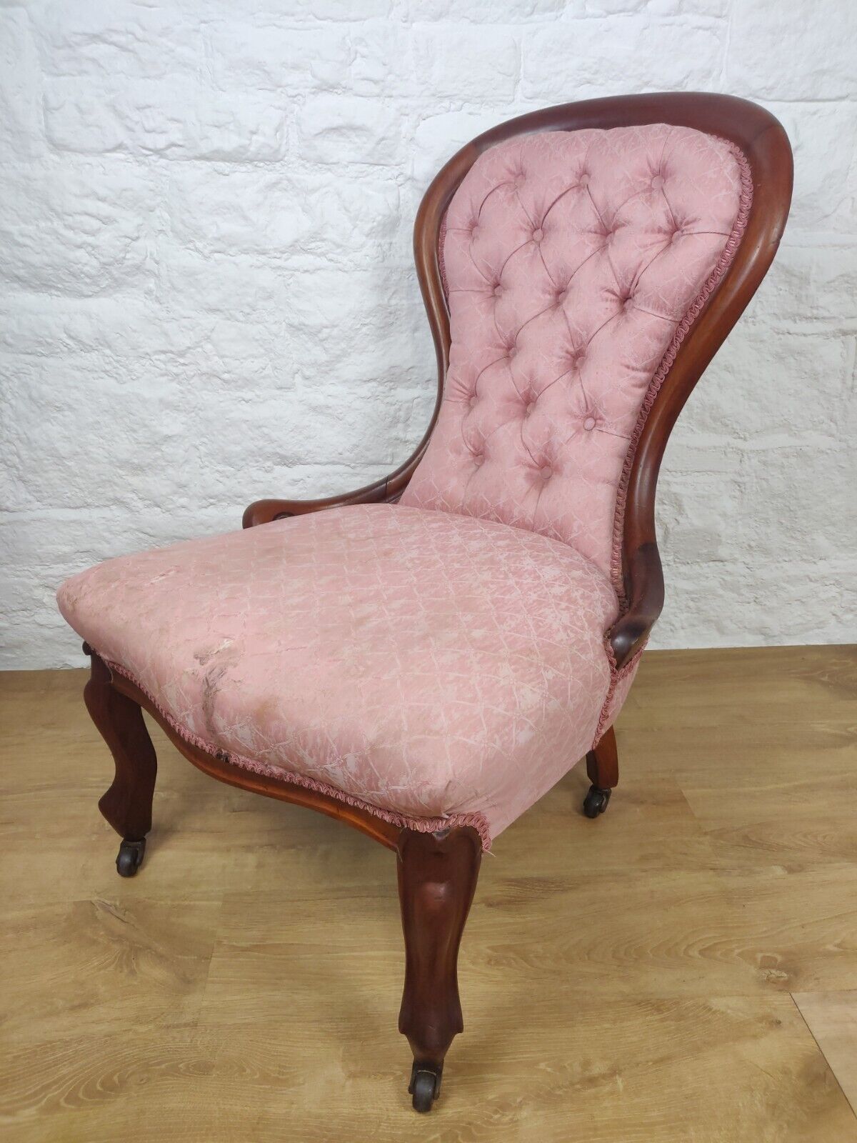 Victorian Nursing Chair Castors Button Back Pink Cabriole Legs Postage Available