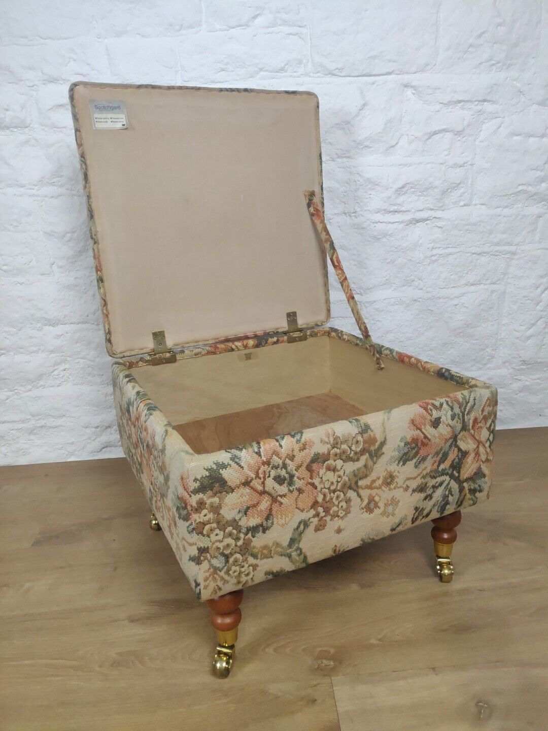 Upholstered Floral Footstool Oak Metal Rolling Castors Country Postage Available