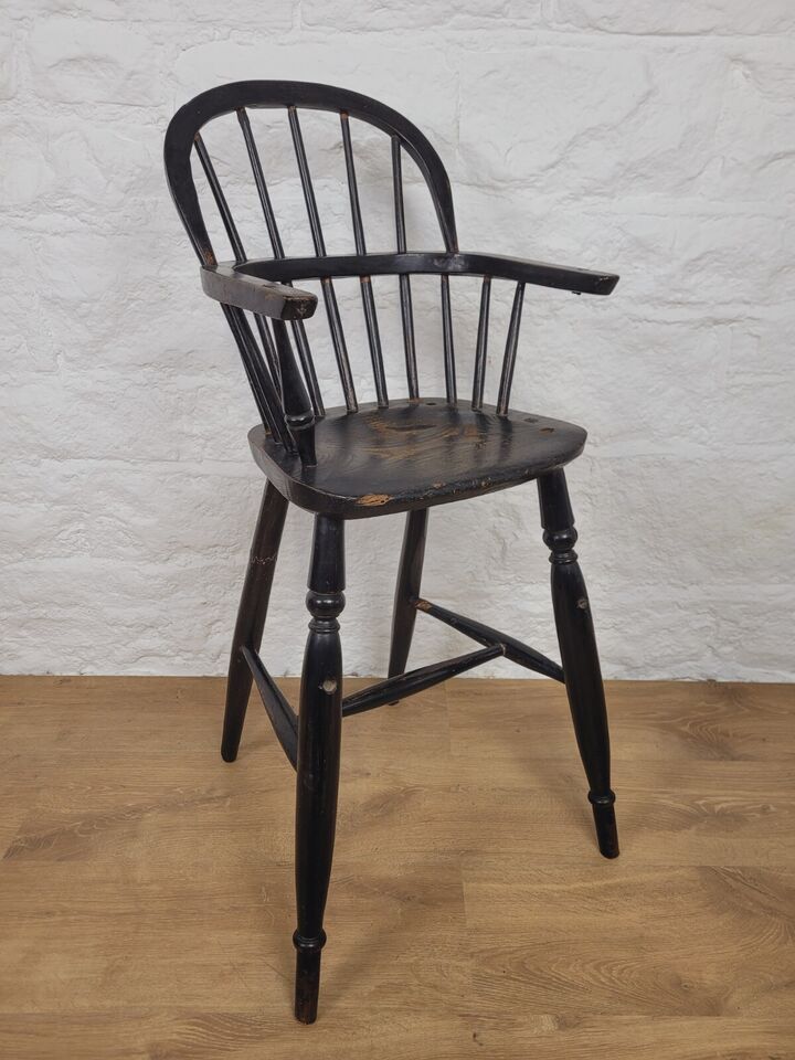 Childs Windsor High Chair 19thC Ebonised Stick Back Postage Available