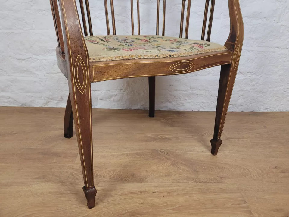 Edwardian Hoop Tub Armchair Inlaid Needlepoint English Oak Postage Available