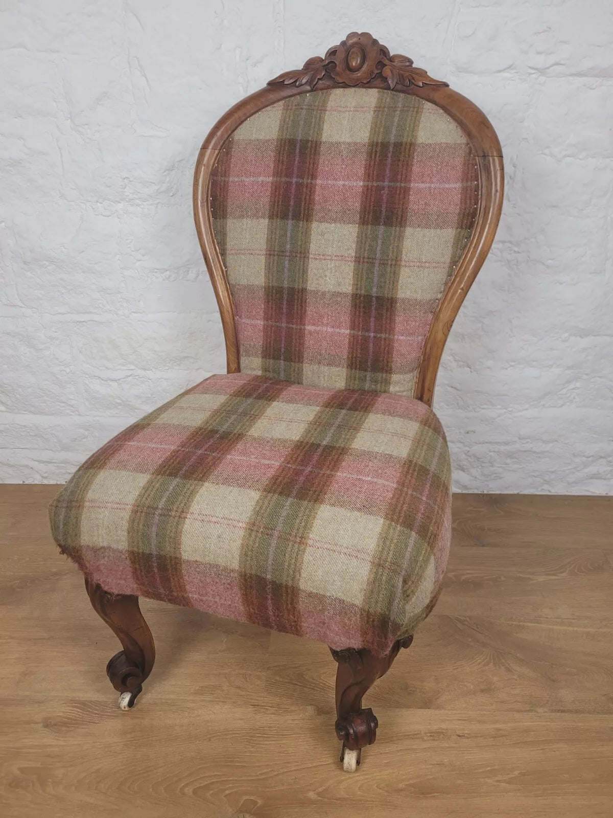 Walnut Nursing Chair Victorian Castors Tartan Carved Foliage Postage Available