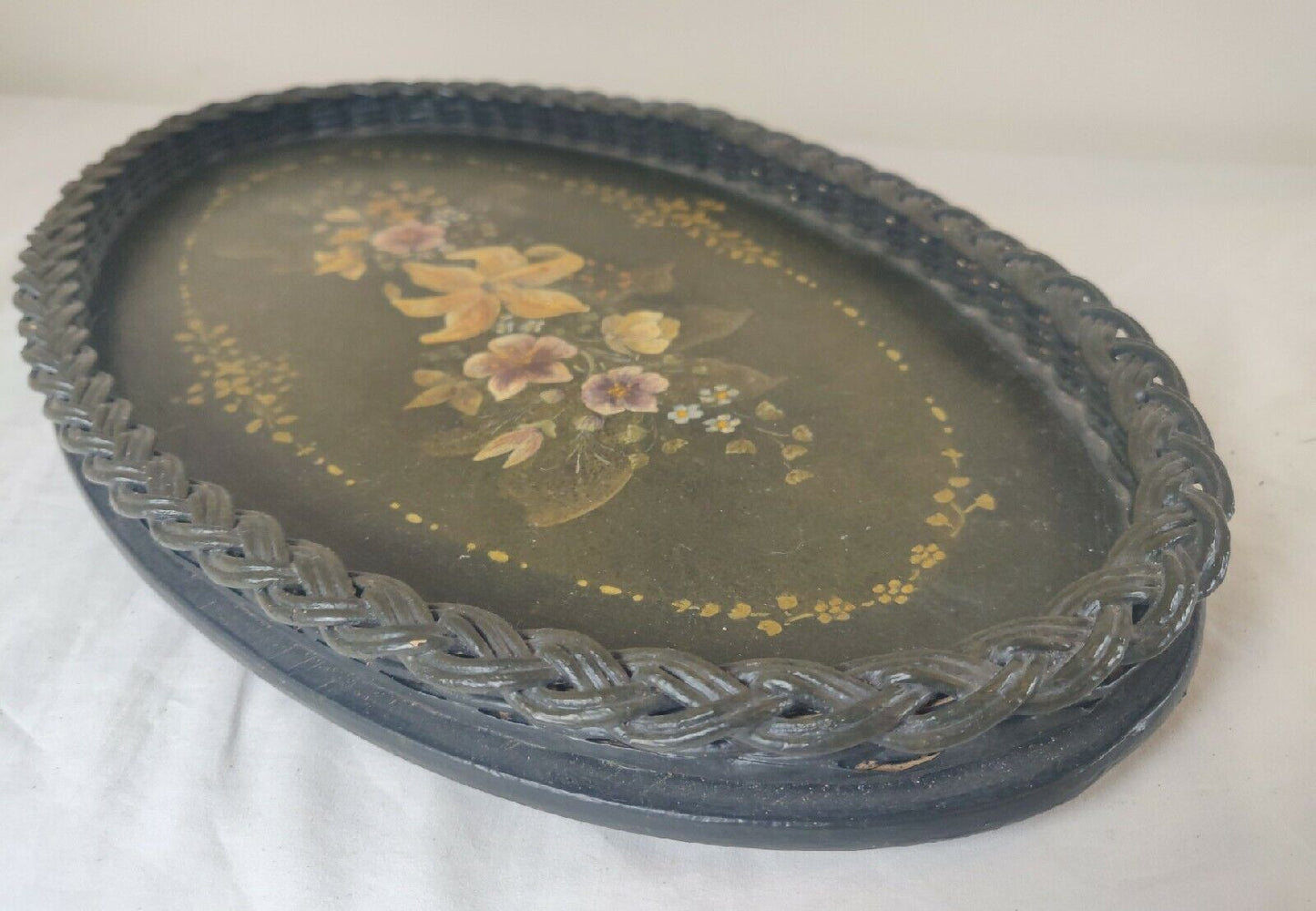 Hand Painted Tray Victorian Serving Black Lacquer Floral Postage Available