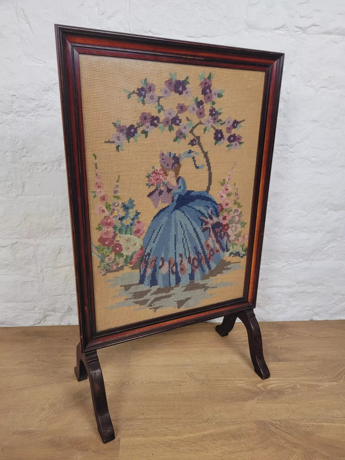 Victorian Fire Screen Needlepoint Lady 19th Century Mahogany Postage Available