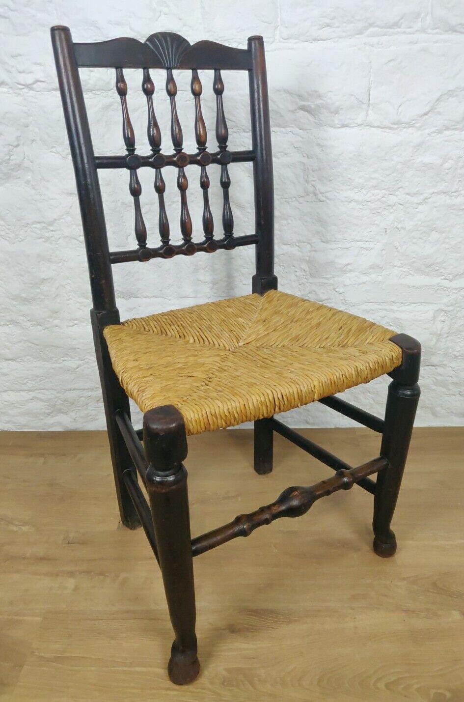 Lancashire Spindle Back Chair Rush Seat Carved Oak 19thC Postage Available