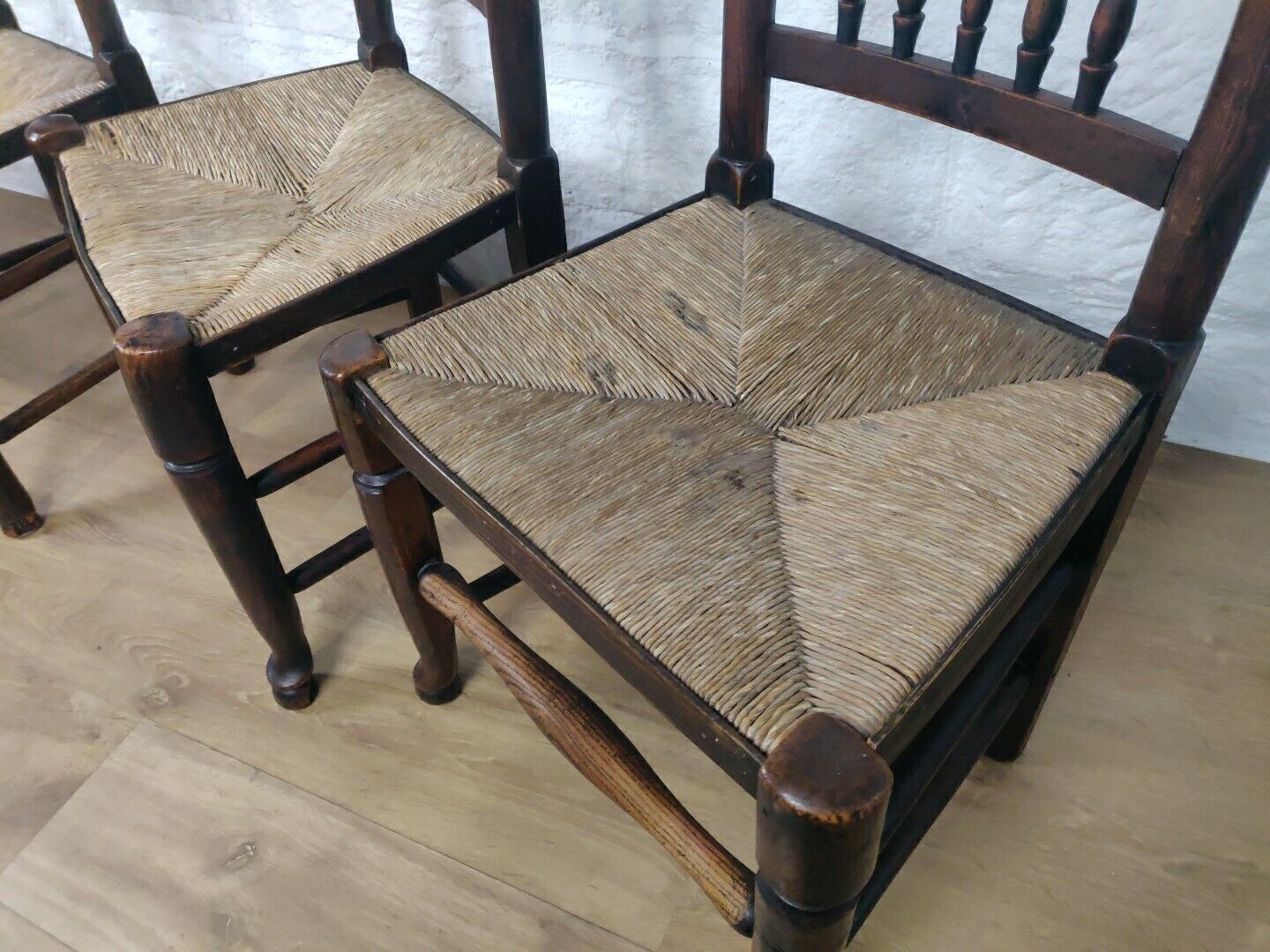 Dining Chairs Set Of 4 Rush Seat Oak 19th Century Spindle Back Postage Available