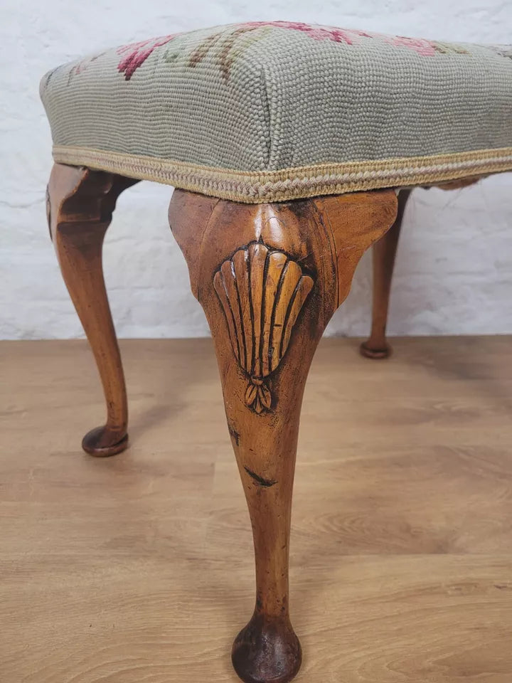 Walnut Dressing Stool Shell Carved Queen Anne Legs Tapestry Postage Available