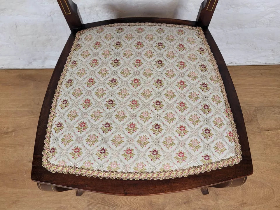 Edwardian Bedroom Chair Carved Splat Inlaid Floral Upholstered Postage Available