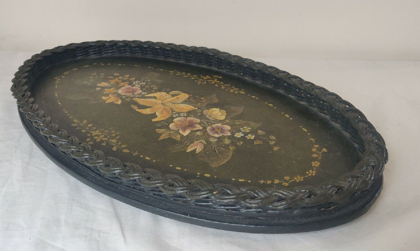 Hand Painted Tray Victorian Serving Black Lacquer Floral Postage Available