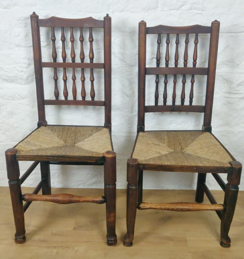 Dining Chairs Set Of 4 Rush Seat Oak 19th Century Spindle Back Postage Available