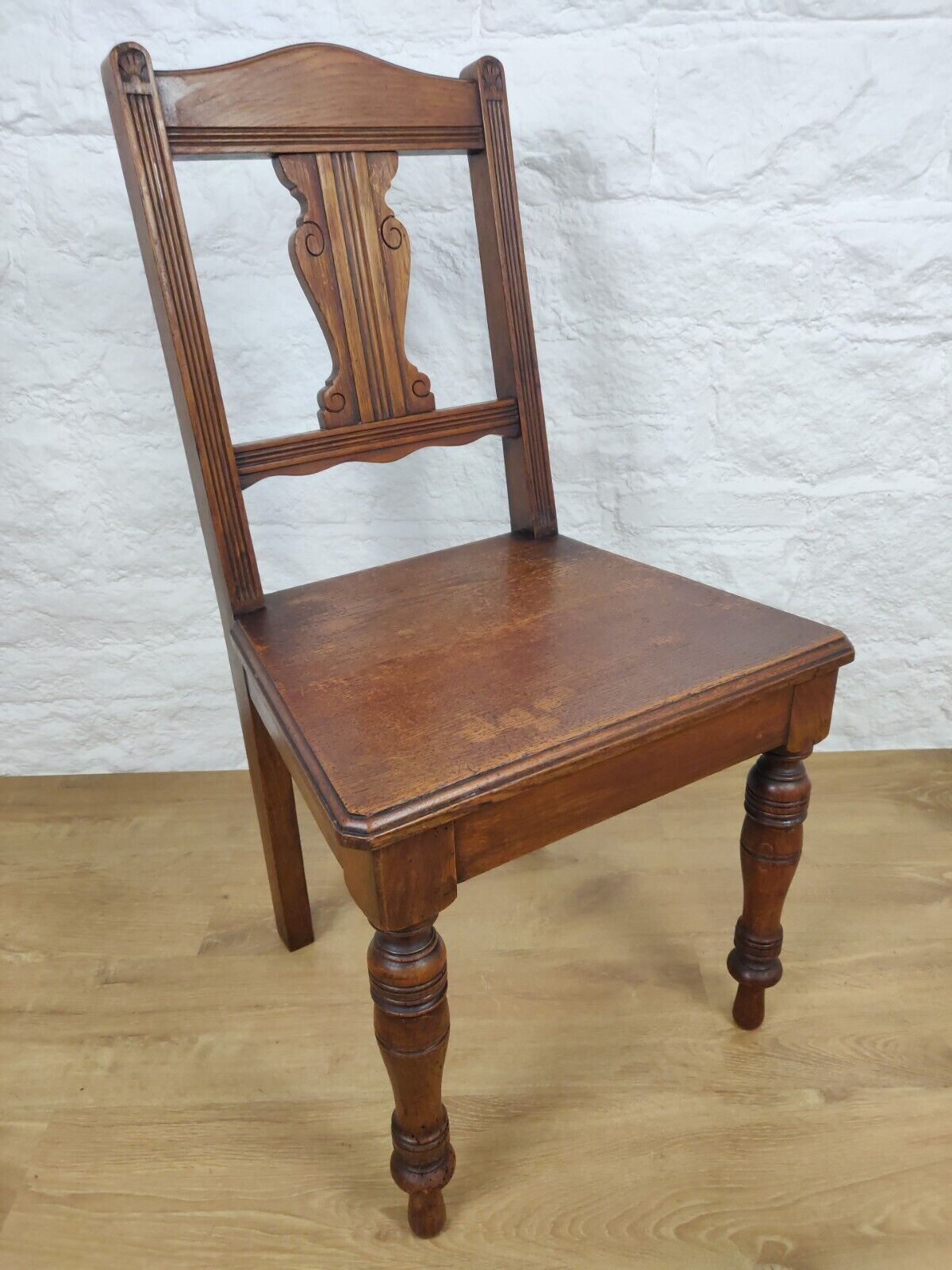 Edwardian Carved Hall Chair Floral Oak Scrolled Back Turned Postage Available