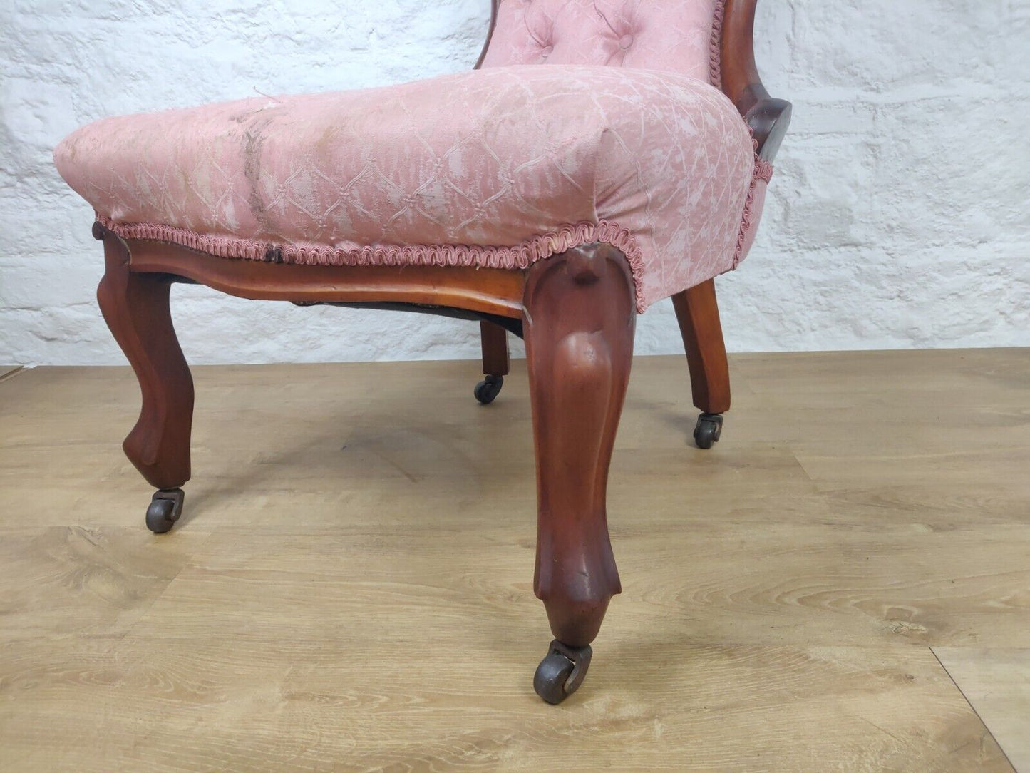 Victorian Nursing Chair Castors Button Back Pink Cabriole Legs Postage Available