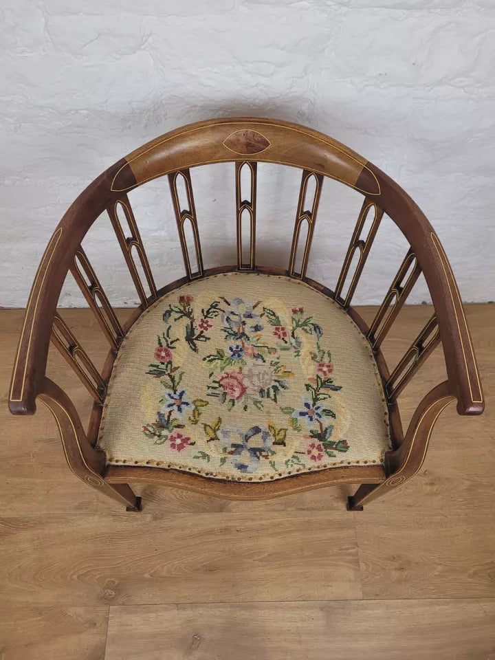 Edwardian Hoop Tub Armchair Inlaid Needlepoint English Oak Postage Available