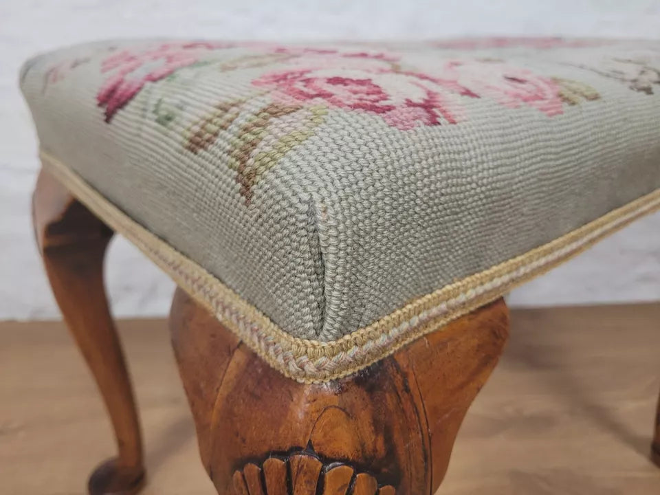 Walnut Dressing Stool Shell Carved Queen Anne Legs Tapestry Postage Available