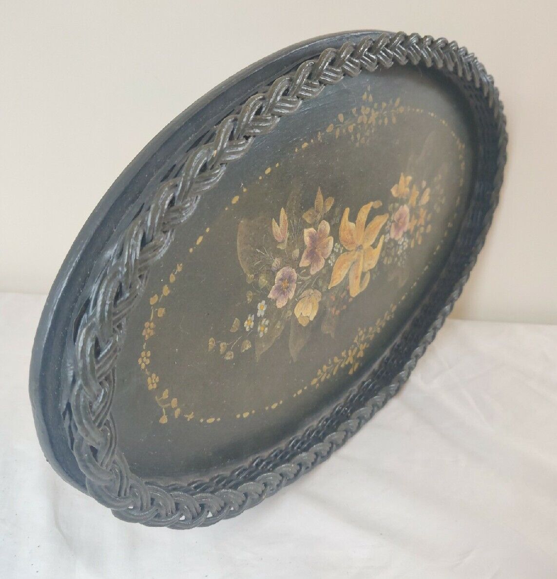 Hand Painted Tray Victorian Serving Black Lacquer Floral Postage Available