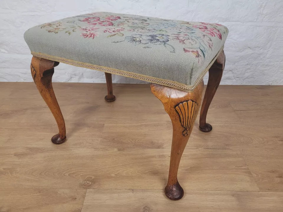 Walnut Dressing Stool Shell Carved Queen Anne Legs Tapestry Postage Available