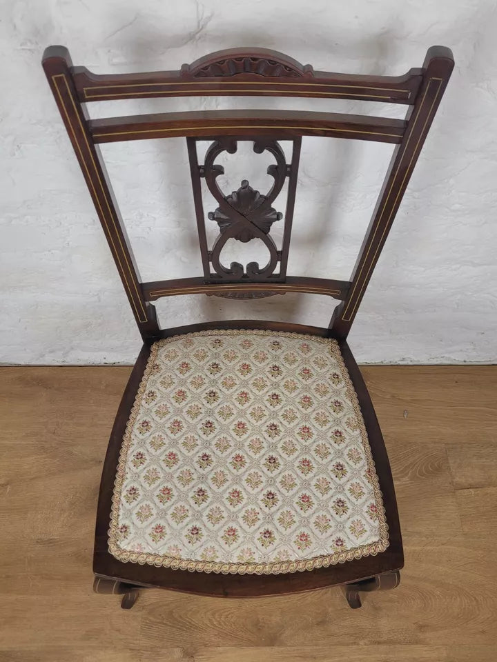 Edwardian Bedroom Chair Carved Splat Inlaid Floral Upholstered Postage Available