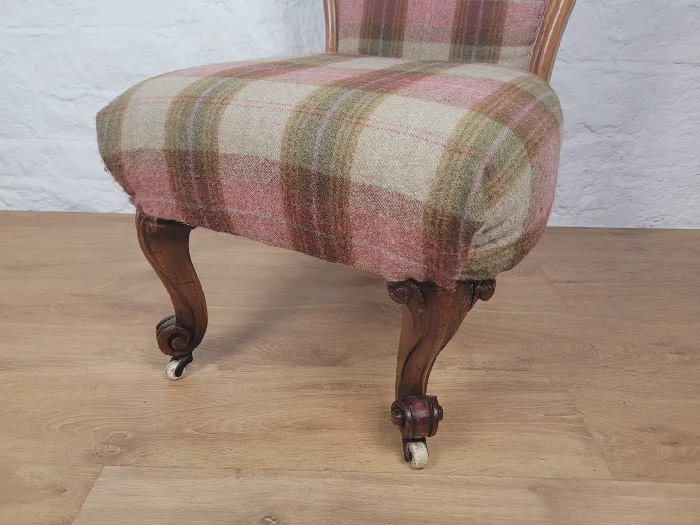 Walnut Nursing Chair Victorian Castors Tartan Carved Foliage Postage Available