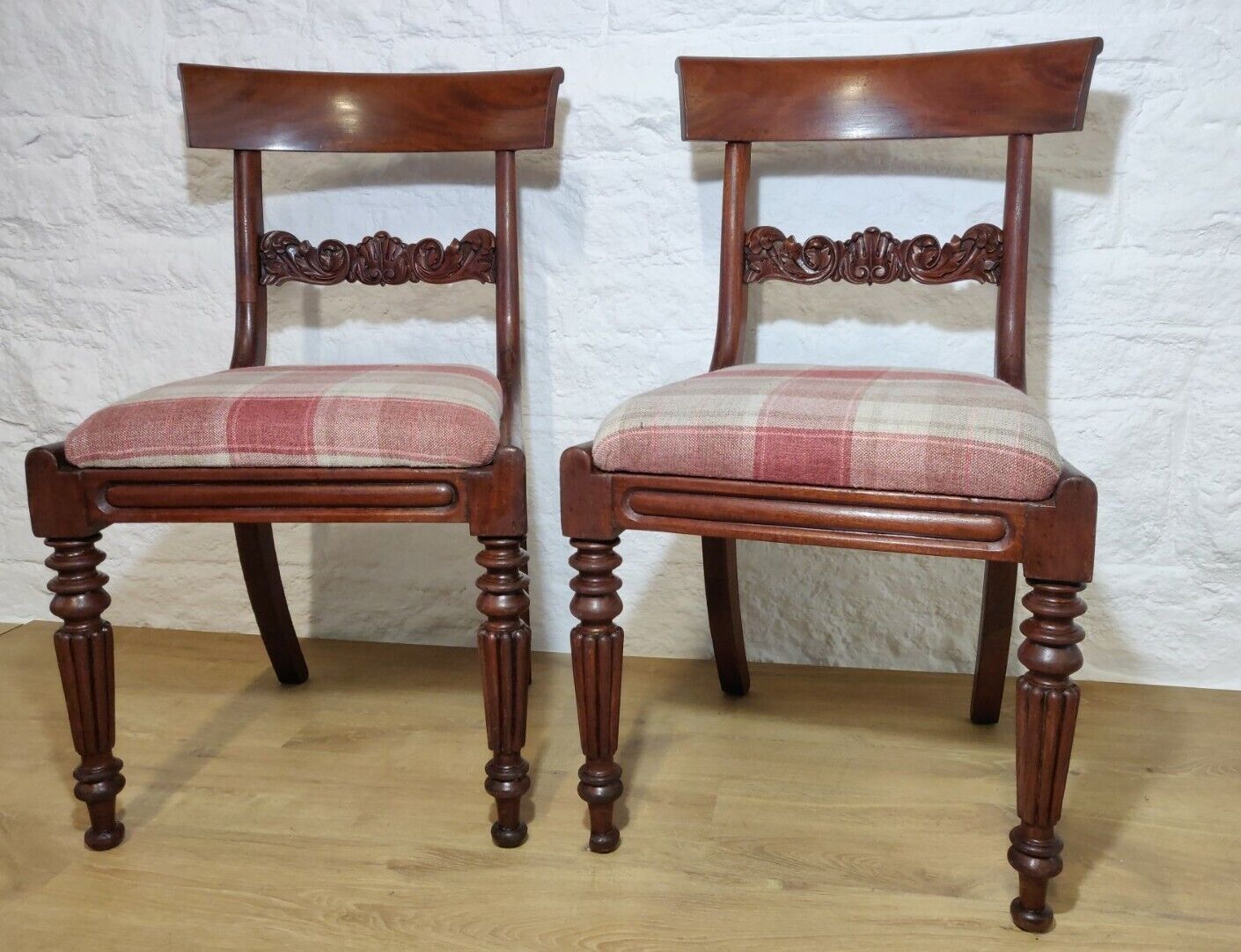 William IV Dining Chairs Set Tweed Carver Foliage Carvings Postage Available