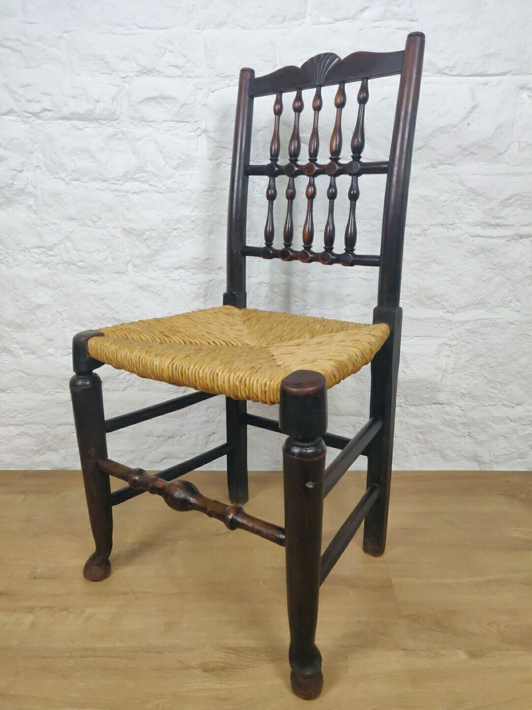 Lancashire Spindle Back Chair Rush Seat Carved Oak 19thC Postage Available