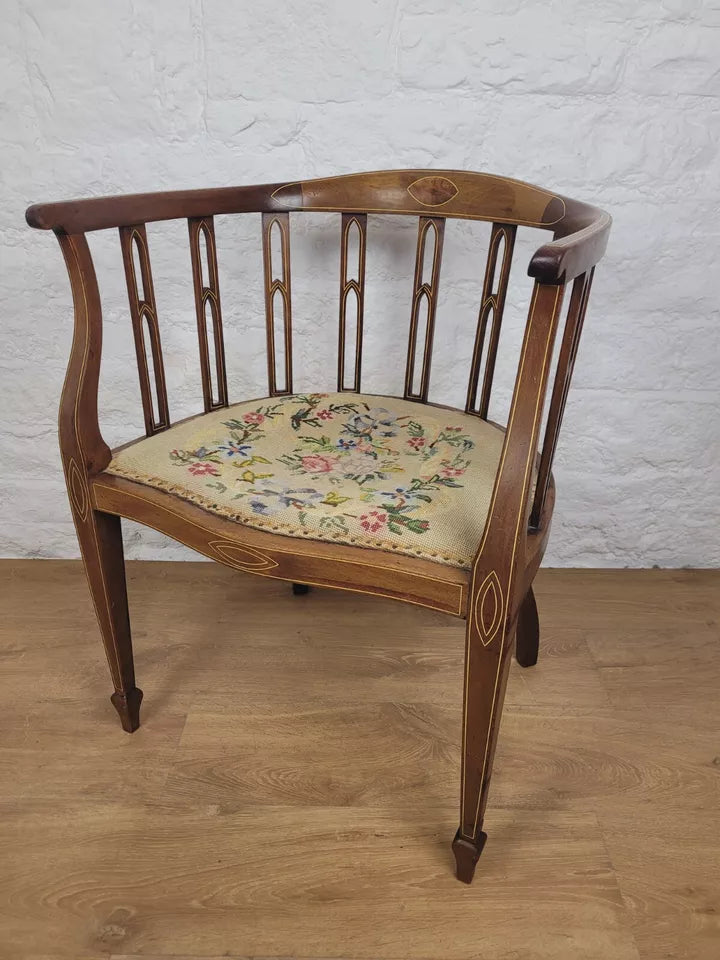 Edwardian Hoop Tub Armchair Inlaid Needlepoint English Oak Postage Available