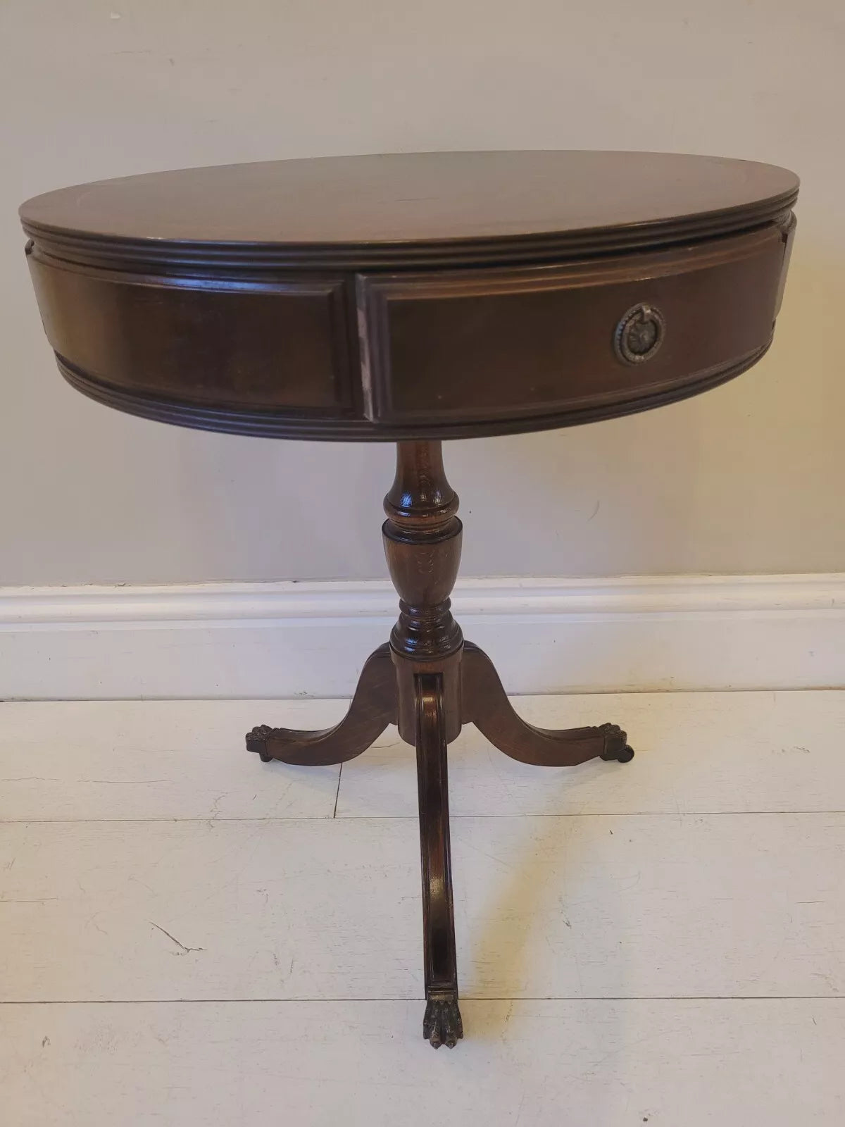 Drum Side Table Round Reproduction Inlaid Paw Castors Drawers Postage Available