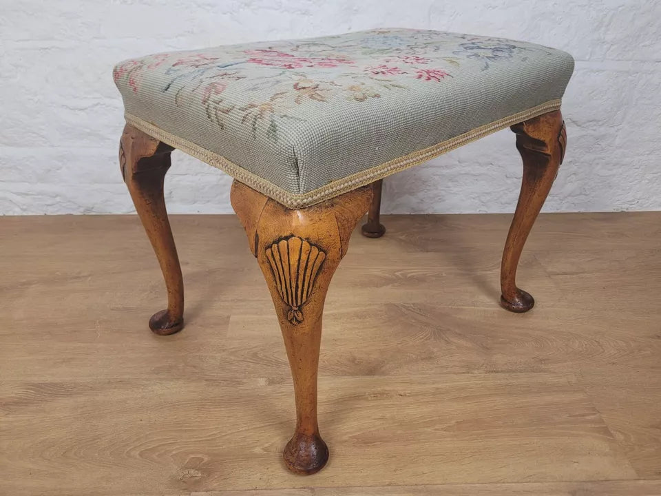 Walnut Dressing Stool Shell Carved Queen Anne Legs Tapestry Postage Available