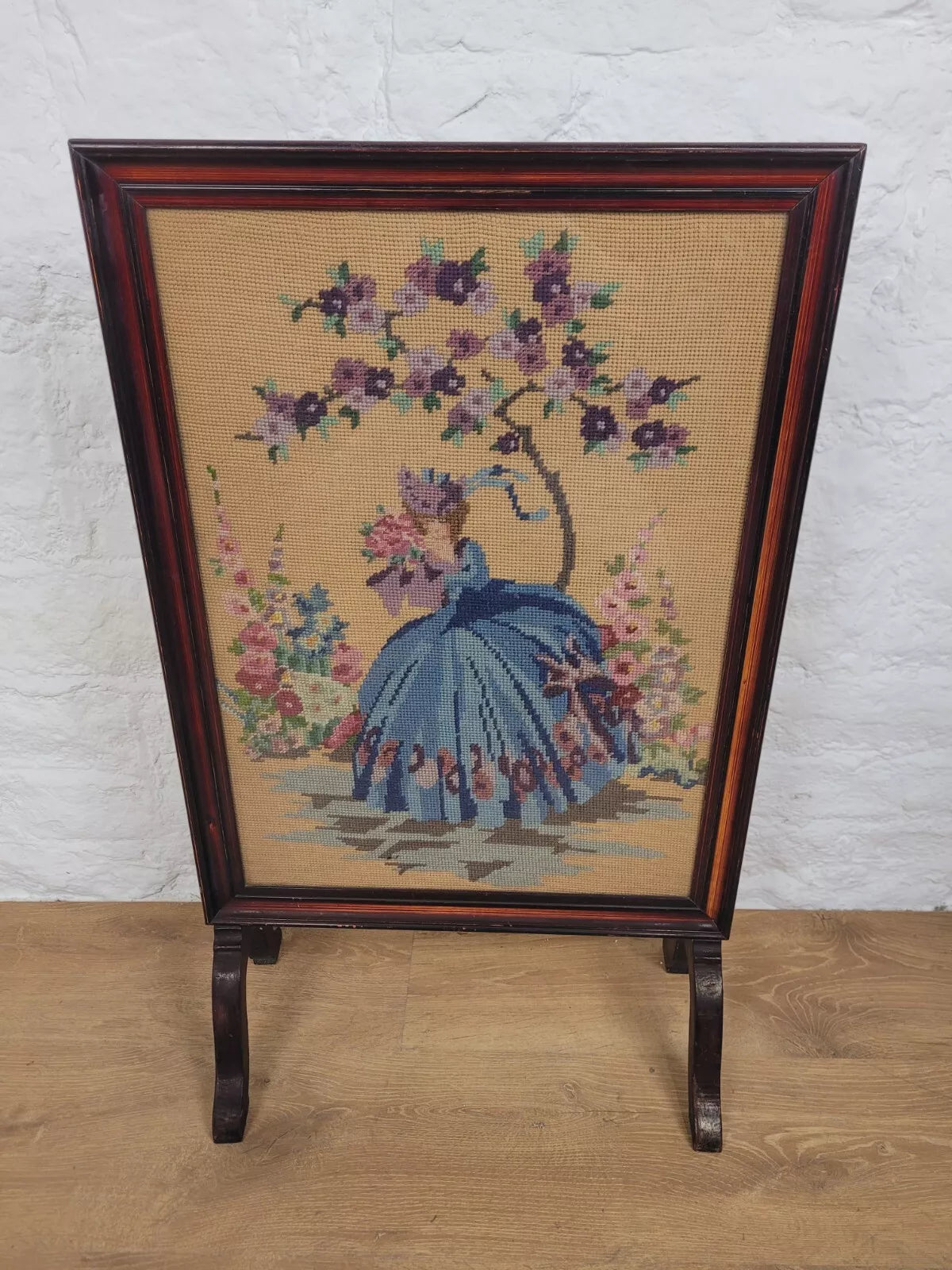 Victorian Fire Screen Needlepoint Lady 19th Century Mahogany Postage Available