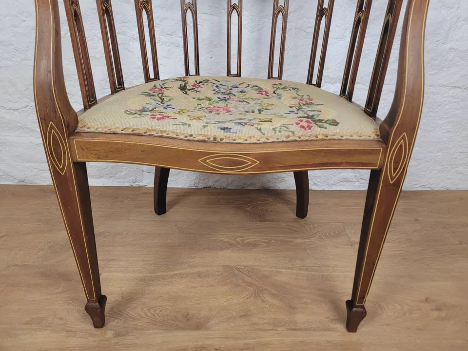 Edwardian Hoop Tub Armchair Inlaid Needlepoint English Oak Postage Available