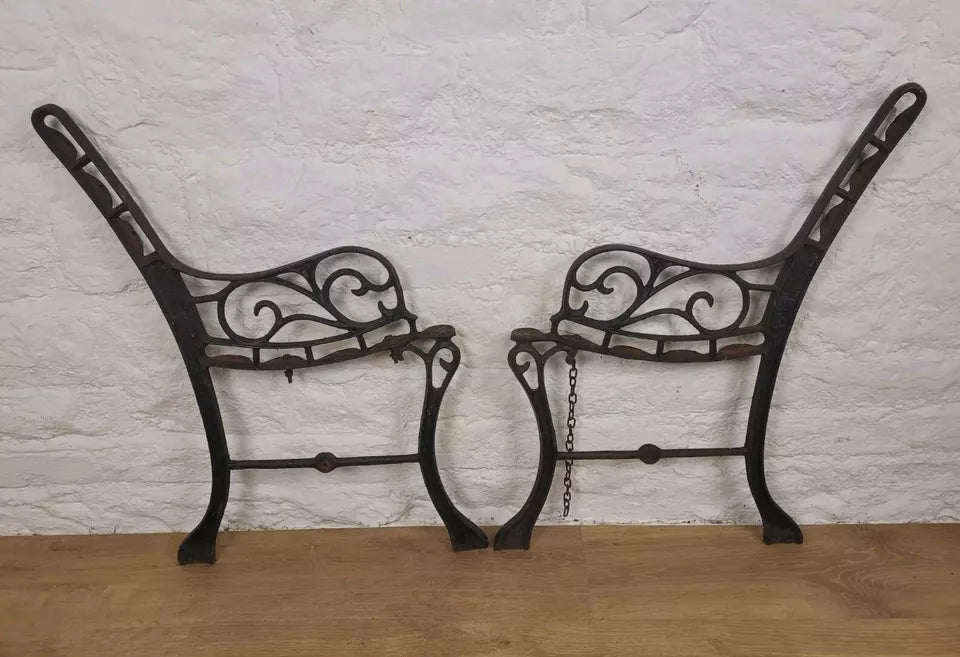 Victorian Bench Ends Pair Floral Cast Iron Salvage 19thC Postage Available