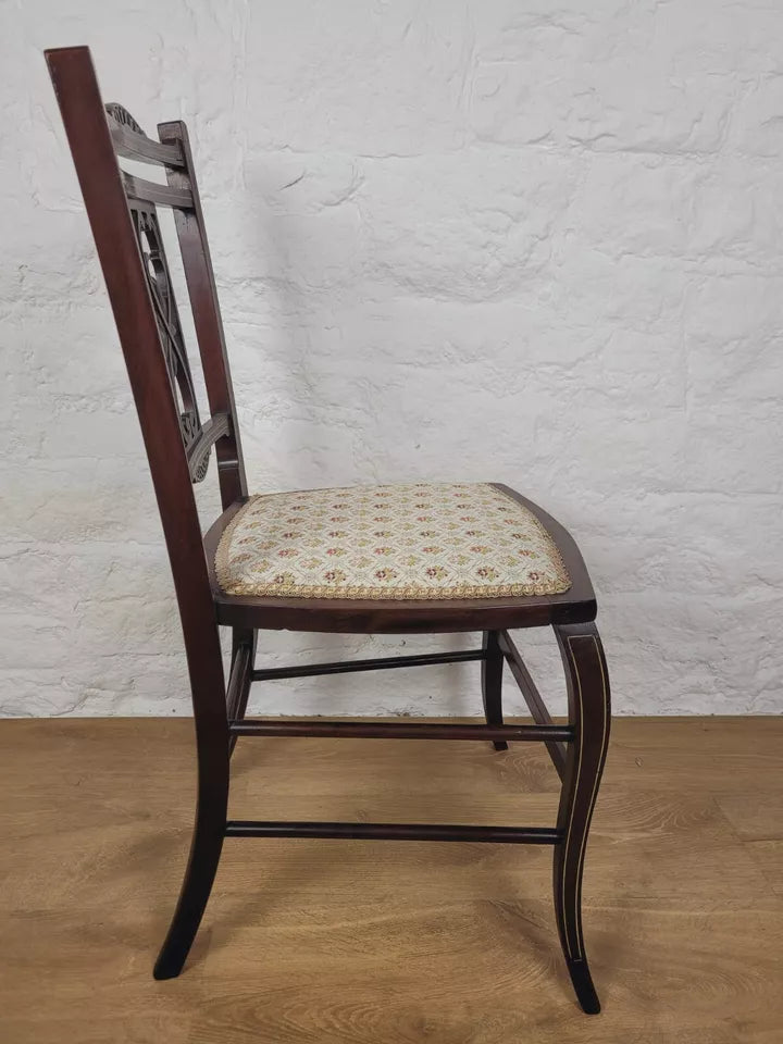 Edwardian Bedroom Chair Carved Splat Inlaid Floral Upholstered Postage Available