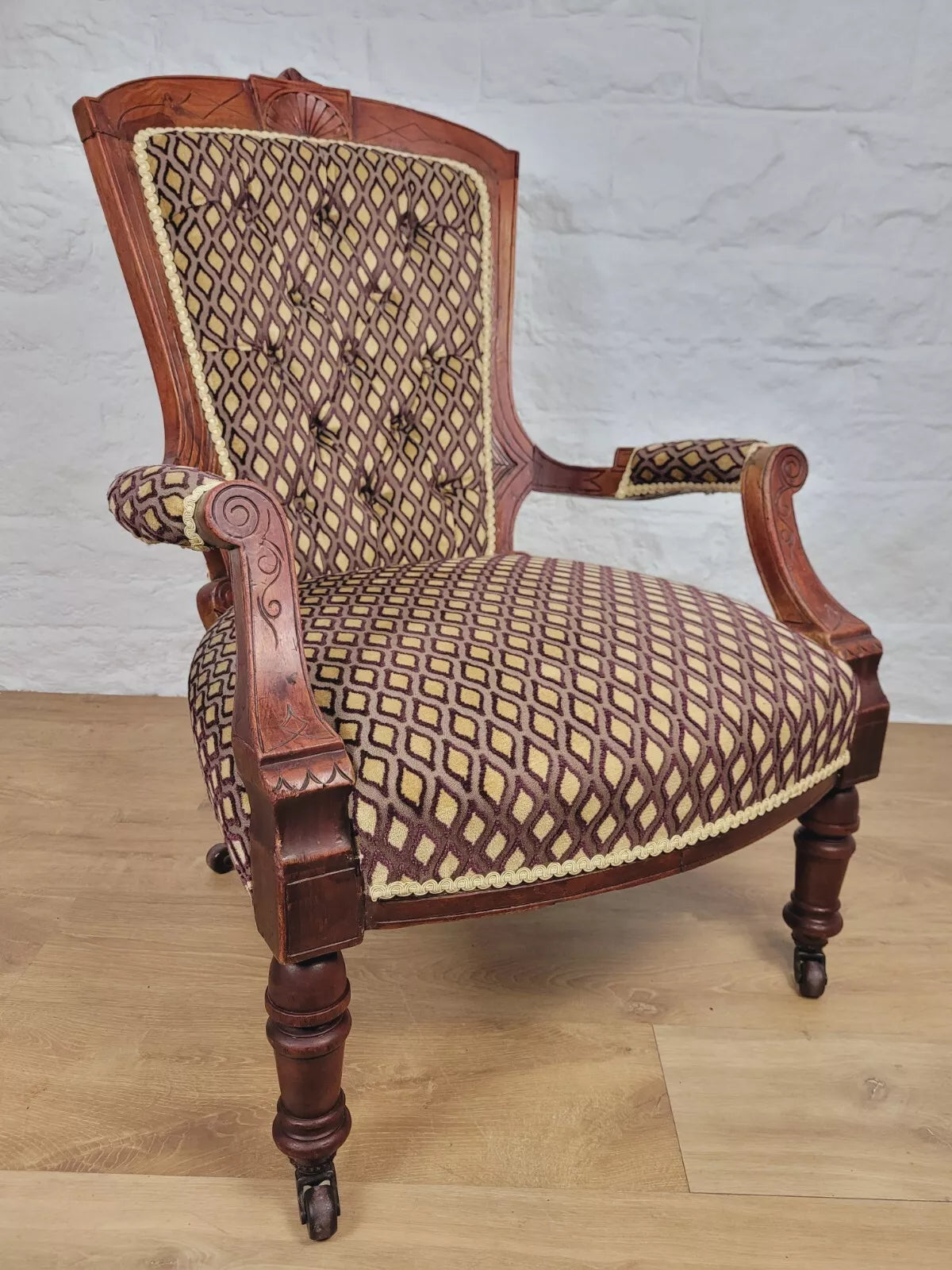 Victorian Armchair Carved Sunburst Button Back Sprung Seat Delivery Available