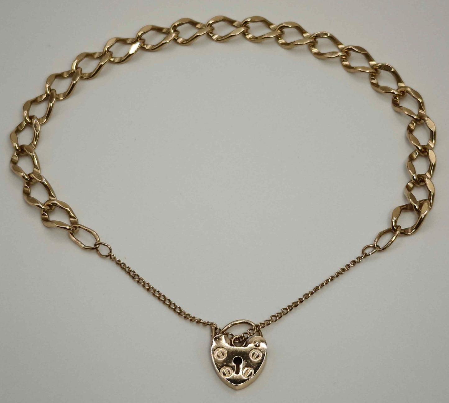 Padlock Heart Bracelet 9ct Gold Curb Link Charm 7.8" Unisex Postage Available