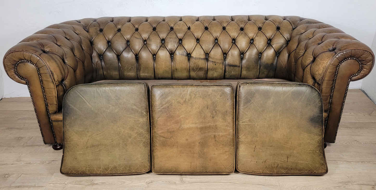 Chesterfield 3 Seater Sofa Settee Olive Green Leather 1960s Delivery Available