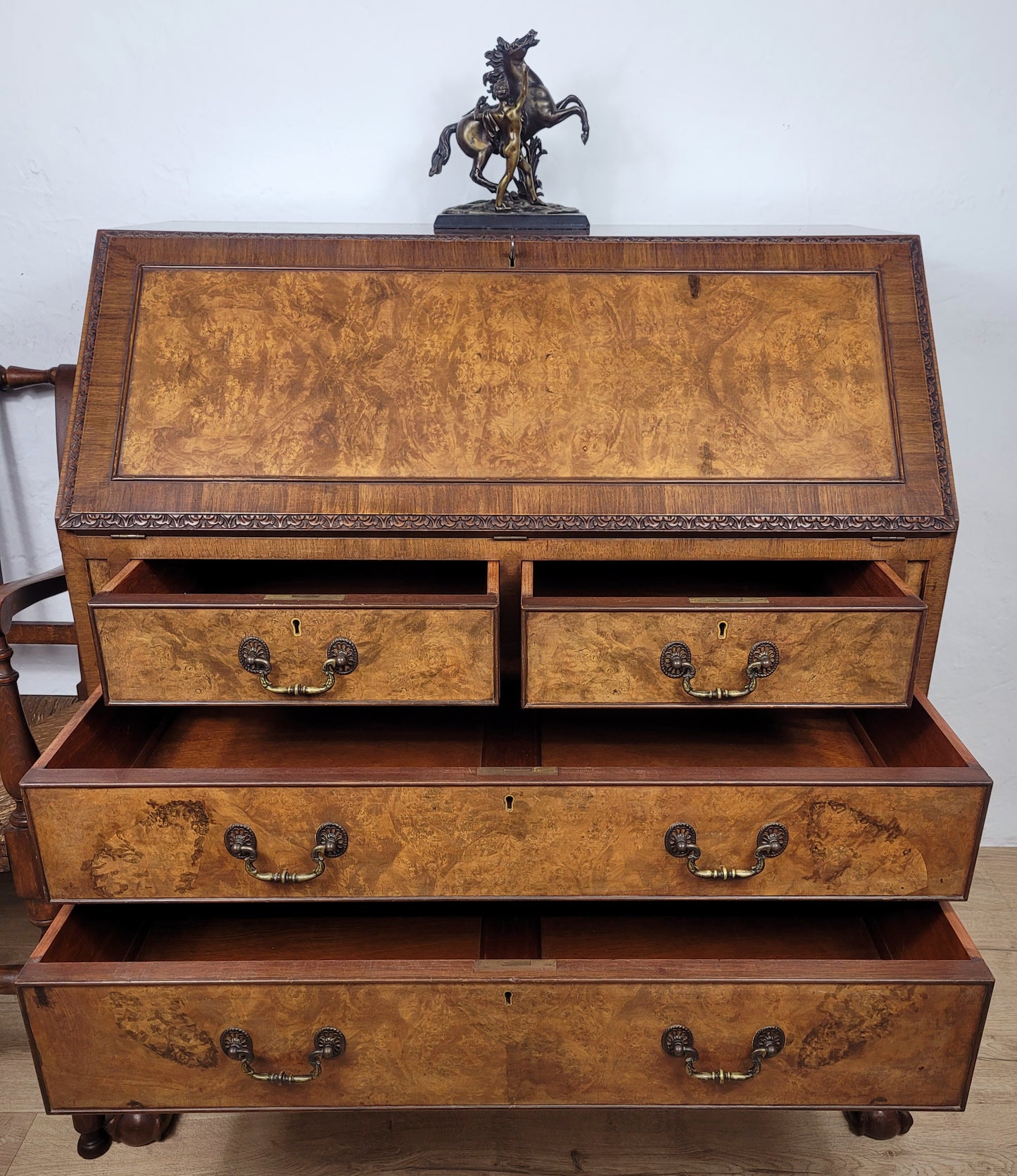 Edwardian Writing Bureau Desk Walnut Antique Carved Leather Delivery Available