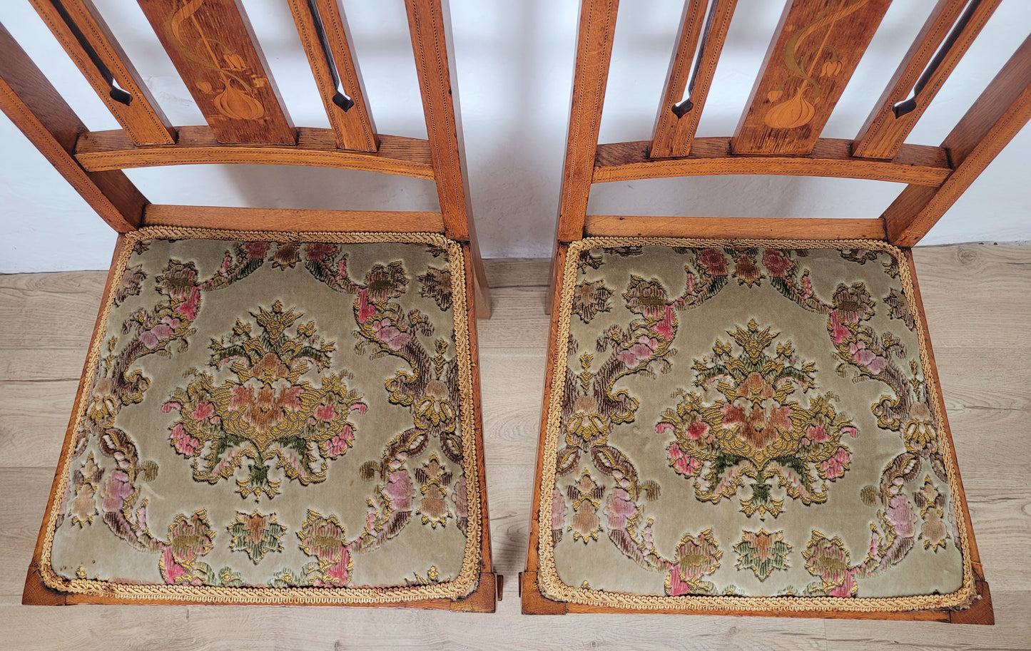 Edwardian Bedroom Chairs Pair 1910s Oak Inlaid Floral Postage Available