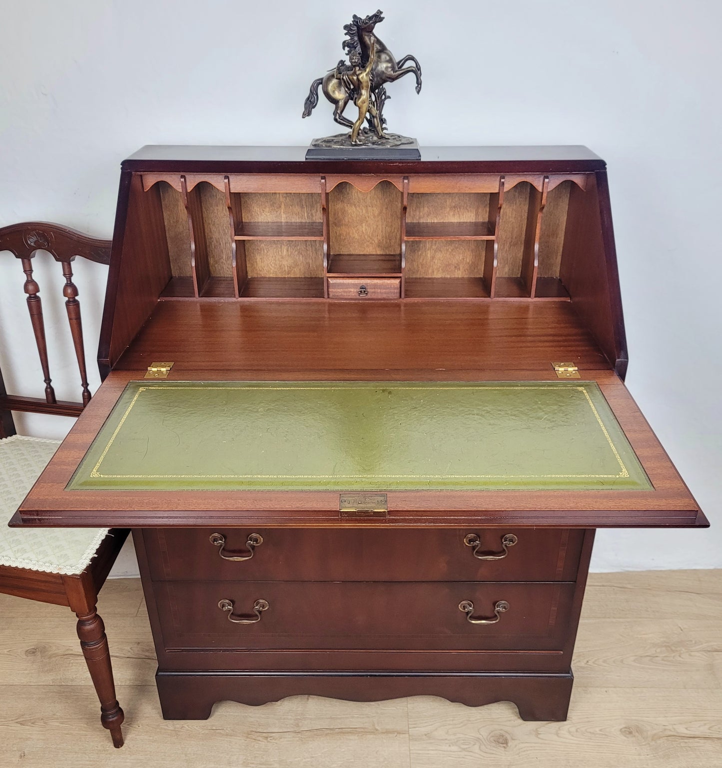 Writing Bureau Desk 20th-C Green Leather Top Drop Handles Delivery Available