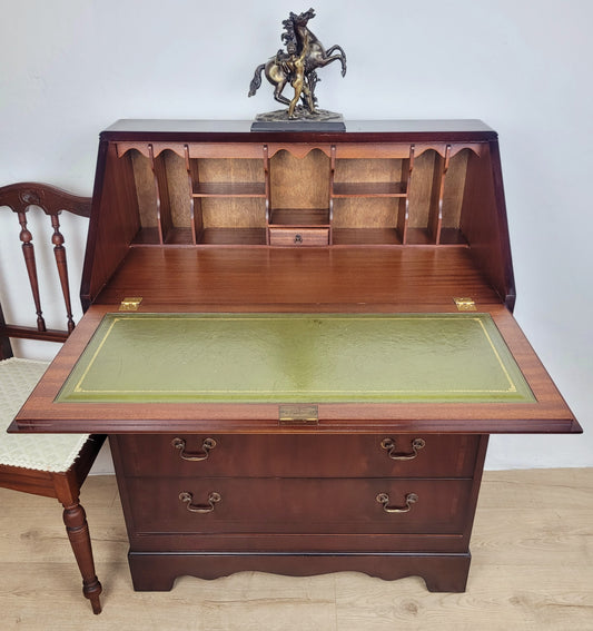 Writing Bureau Desk 20th-C Green Leather Top Drop Handles Delivery Available