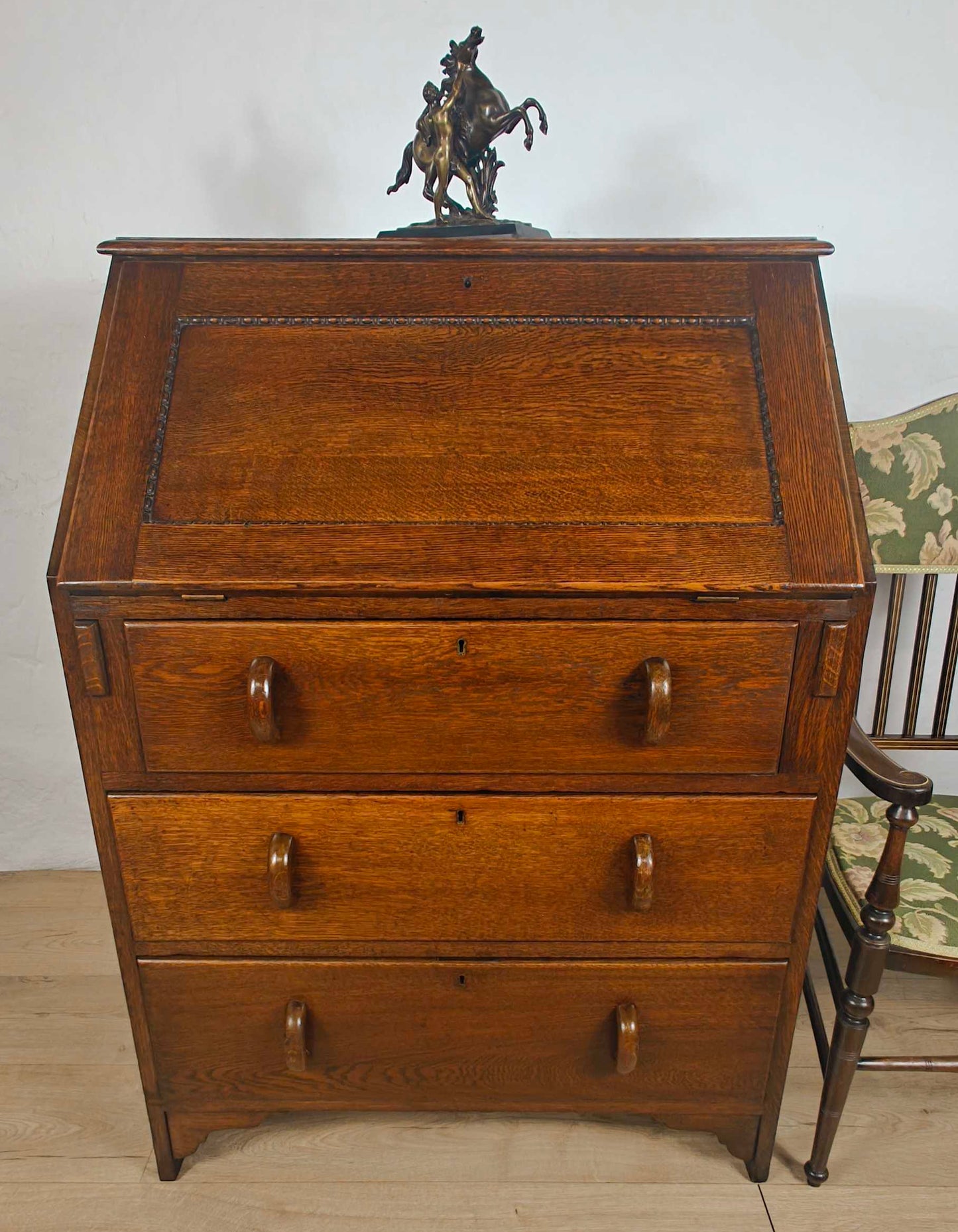 Vintage Oak Writing Bureau Mid 20th-Century Carved Storage Delivery Available