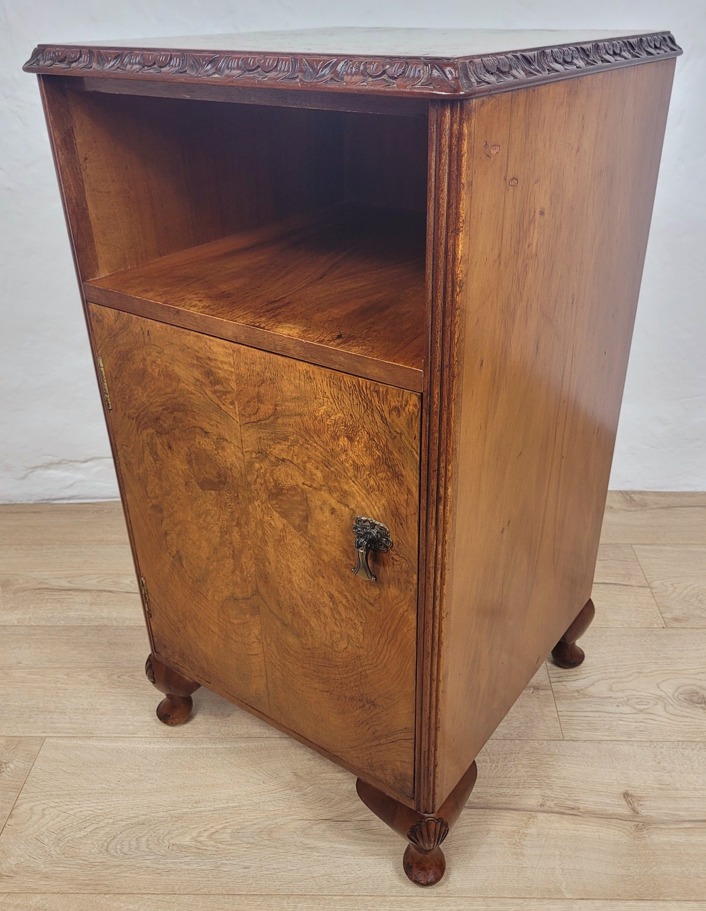 Vintage Bedside Cabinet Walnut Shell Carvings Mid 20th-Century Postage Available