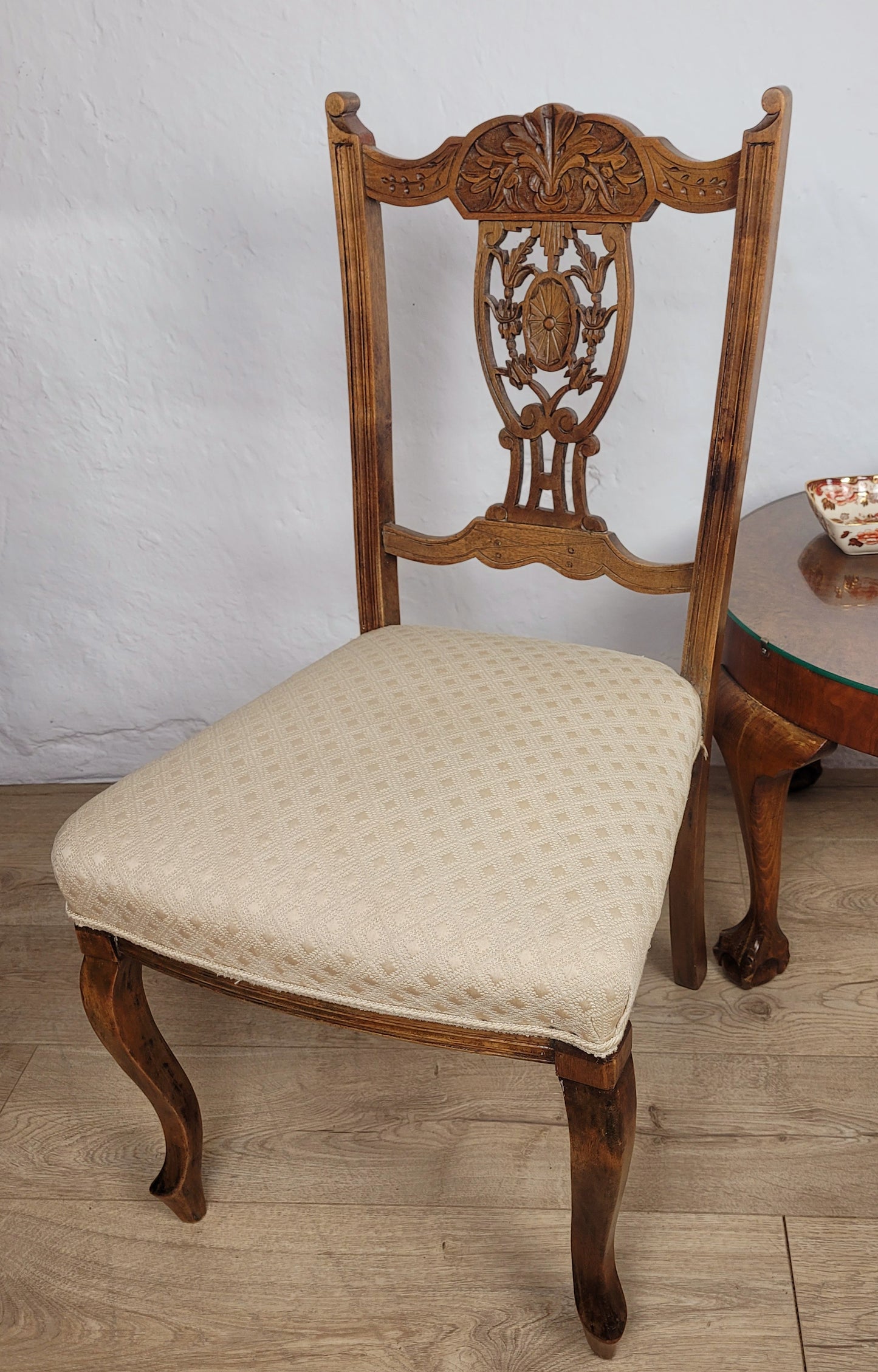 Edwardian Side Chair Carved Floral Beech Cabriole Legs Cream Postage Available
