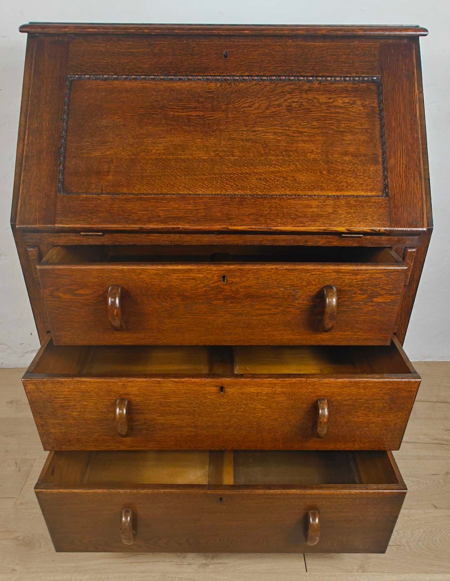 Vintage Oak Writing Bureau Mid 20th-Century Carved Storage Delivery Available