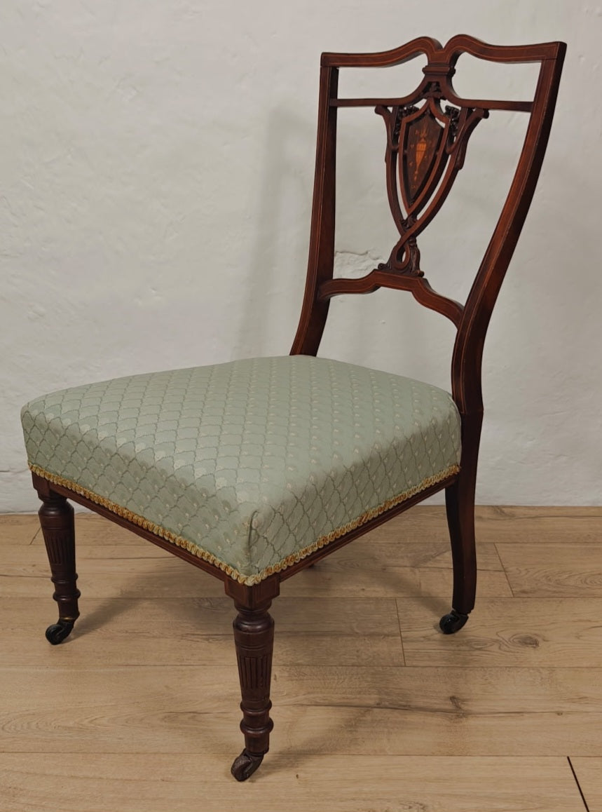 Edwardian Nursing Chair Inlaid Motif Castors Upholstery Postage Available
