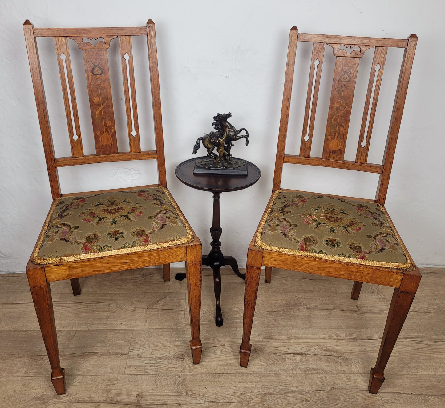 Edwardian Bedroom Chairs Pair 1910s Oak Inlaid Floral Postage Available