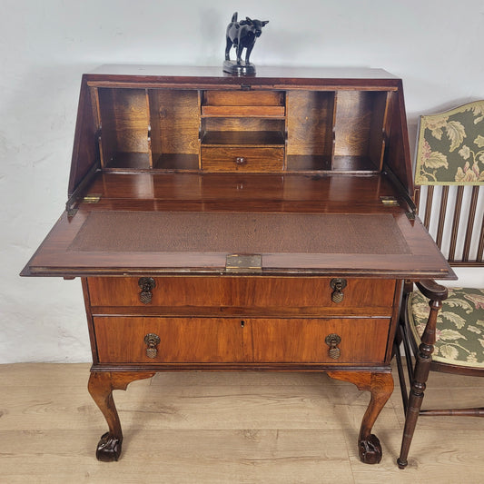 Vintage Writing Bureau Desk Teak Leather Mid 20th-C 1930s Delivery Available