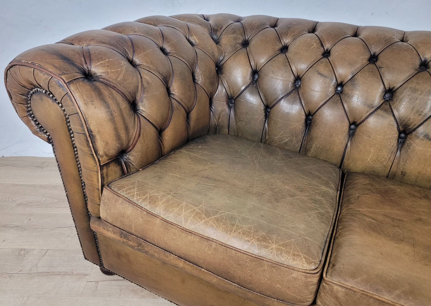 Chesterfield 3 Seater Sofa Settee Olive Green Leather 1960s Delivery Available