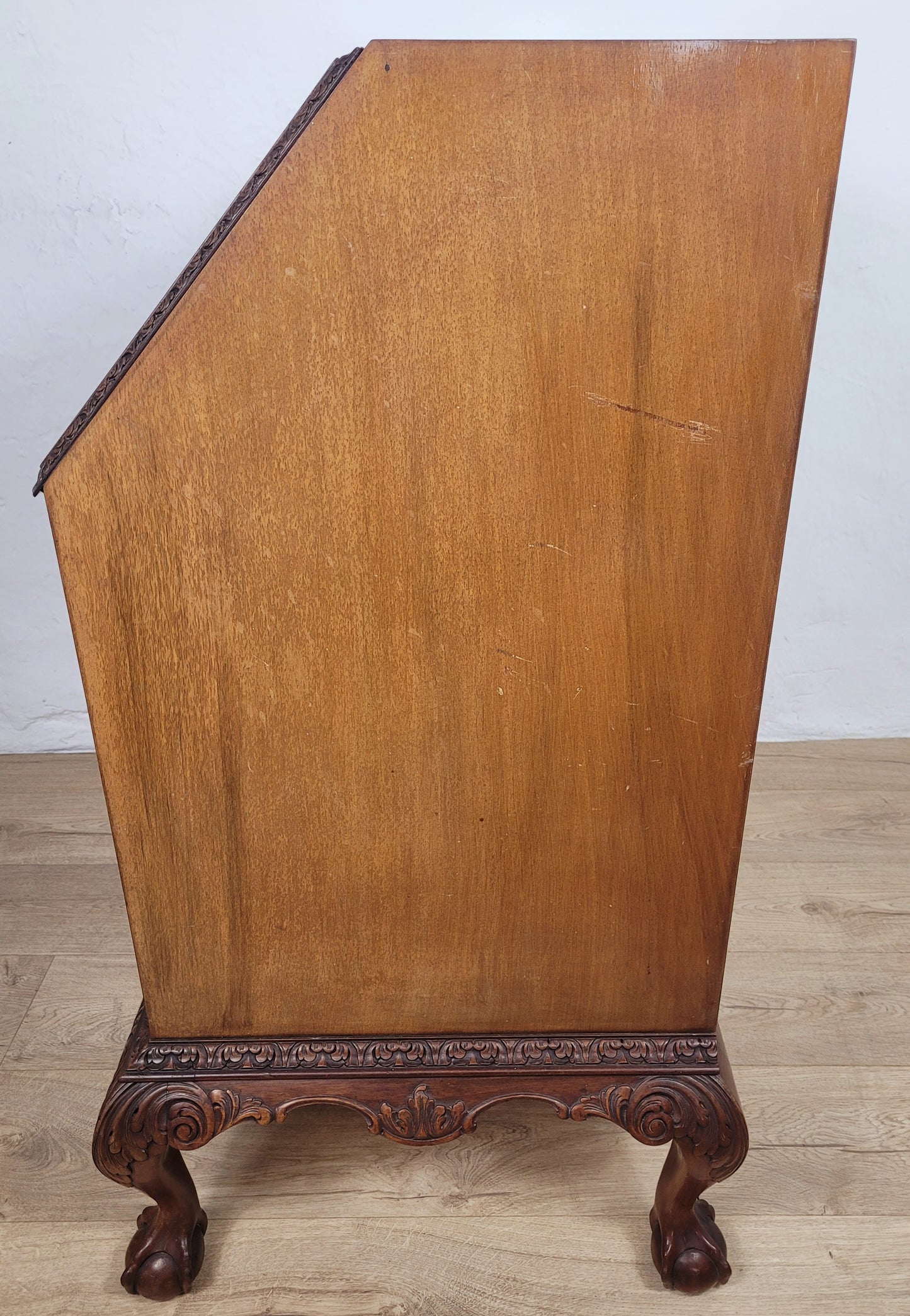 Edwardian Writing Bureau Desk Walnut Antique Carved Leather Delivery Available