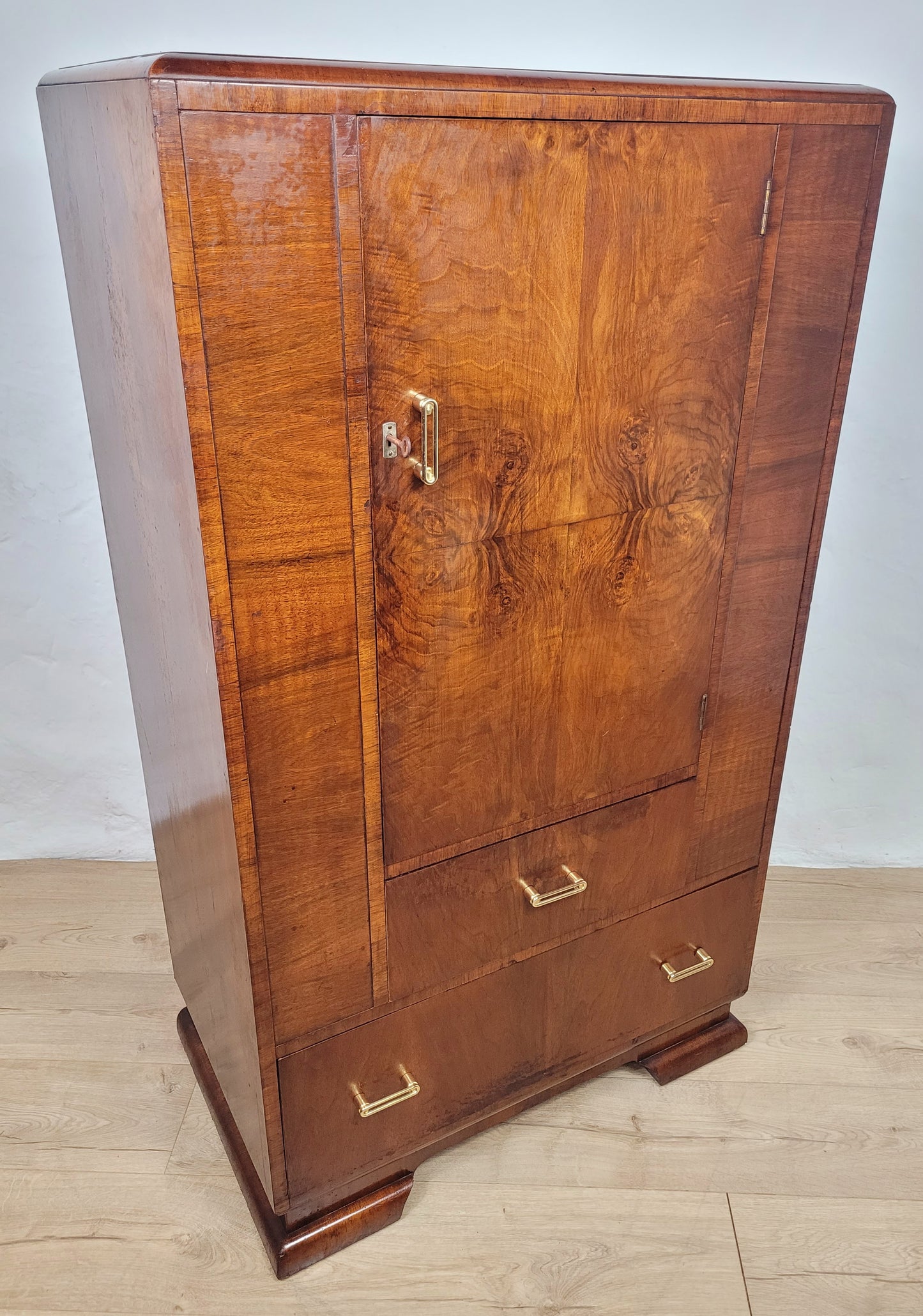Vintage Walnut Tall Boy Art Deco Mid Century Lock and Key Delivery Available