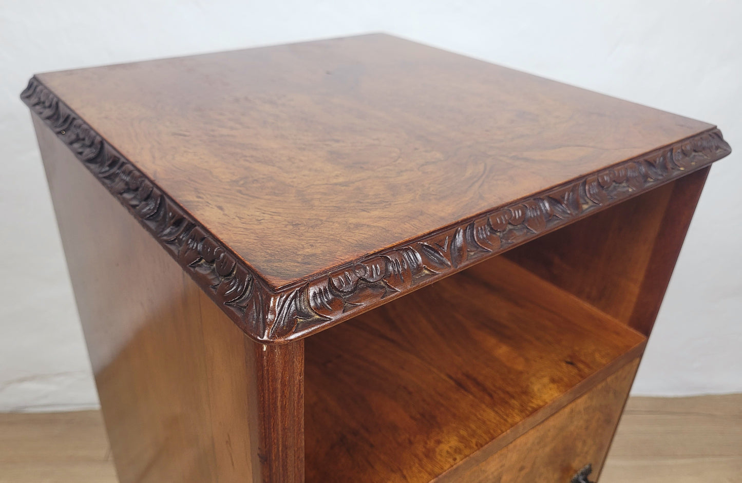 Vintage Bedside Cabinet Walnut Shell Carvings Mid 20th-Century Postage Available