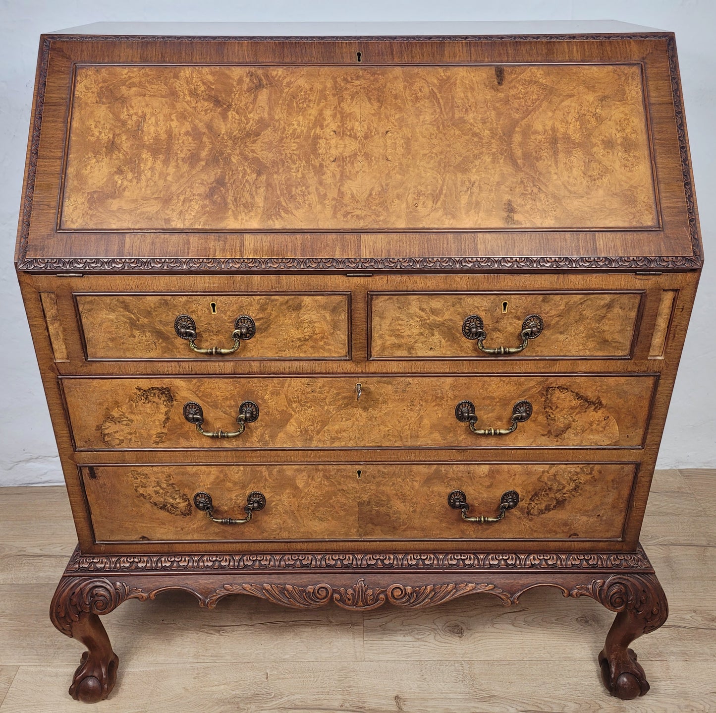 Edwardian Writing Bureau Desk Walnut Antique Carved Leather Delivery Available