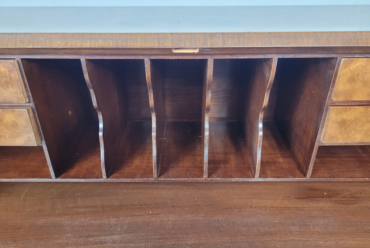 Edwardian Writing Bureau Desk Walnut Antique Carved Leather Delivery Available